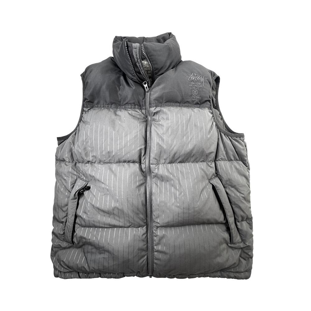 Vtg Stussy Puffer Vest Y2K Skateboarding Streetwear Grey Pinstripe Mens Medium